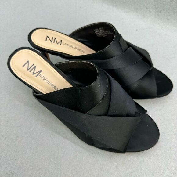 Neiman Marcus Black Satin Slip-On Mules Heels Size 10 - Picture 1 of 9